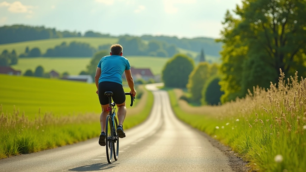 Cycliste sur une route rurale belge entourée de champs verts et de villages pittoresques