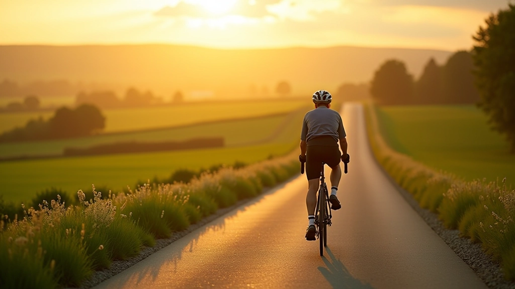 Personne faisant du vélo sur une route rurale belge entourée de paysages verts et pittoresques