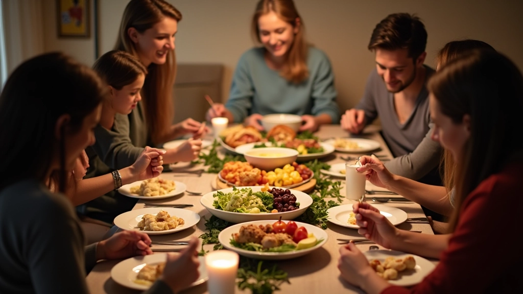 Vue d'une table familiale lors d'un repas sans écrans, avec nourriture partagée et conversation authentic