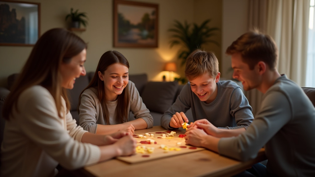Famille assise ensemble autour d'une table, jeu de société en cours, sourires authentiques