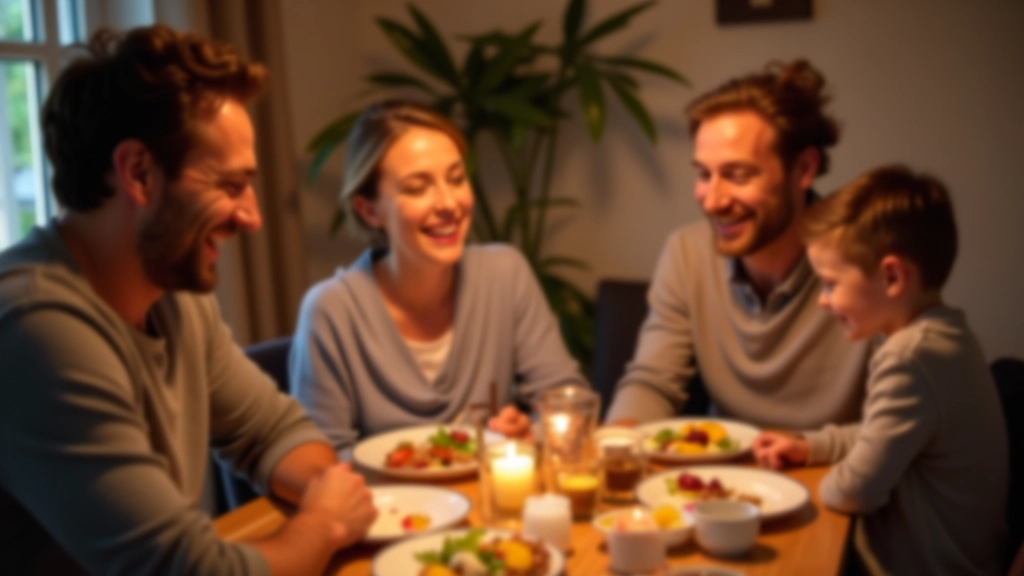 Famille qui rit ensemble à table, conversation animée, ambiance chaleureuse sans appareils
