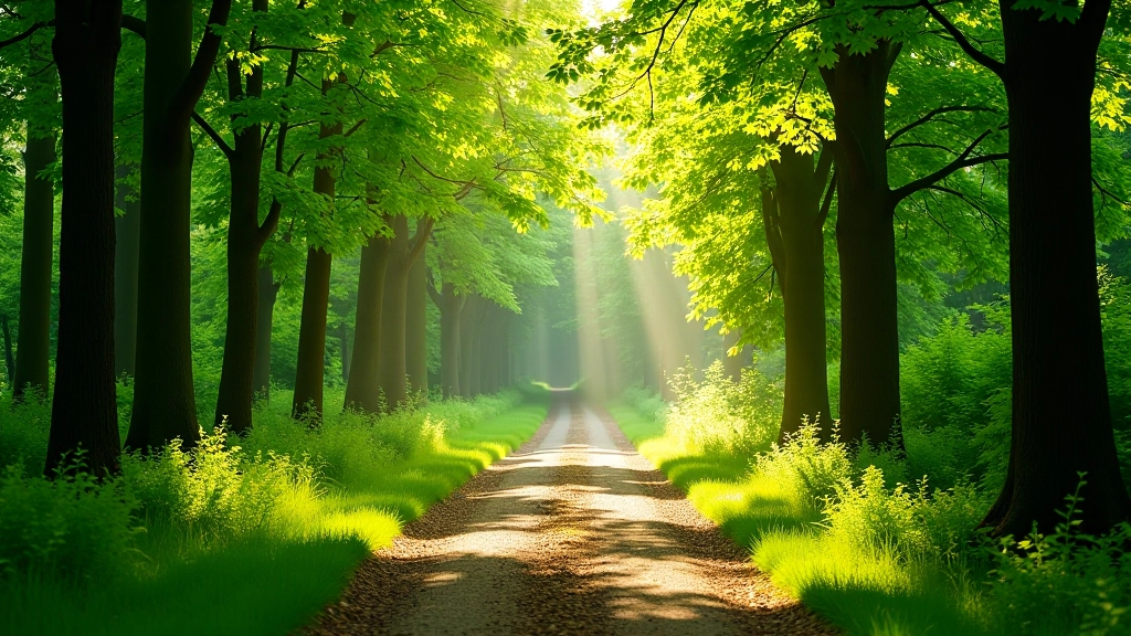 Sentier dans une forêt dense, lumière filtrée par les feuilles, paix et calme naturel