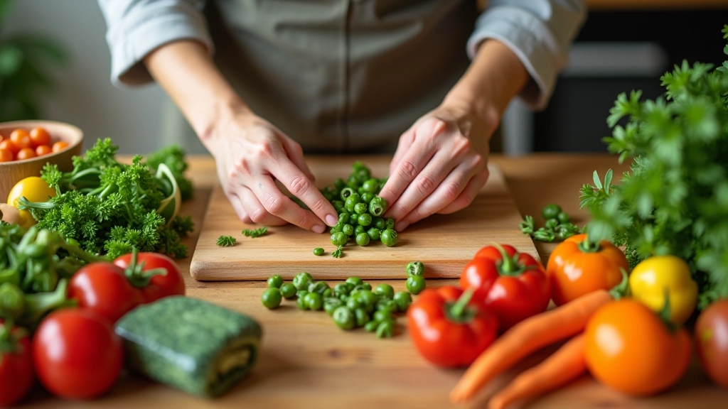 Mains préparant des ingrédients frais sur un plan de travail, légumes et herbes, cuisine lumineuse