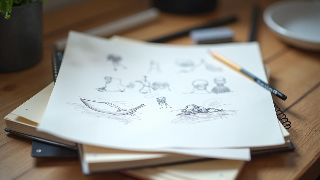 Carnet de croquis ouvert avec des dessins et des notes manuscrites, crayon et gomme à proximité