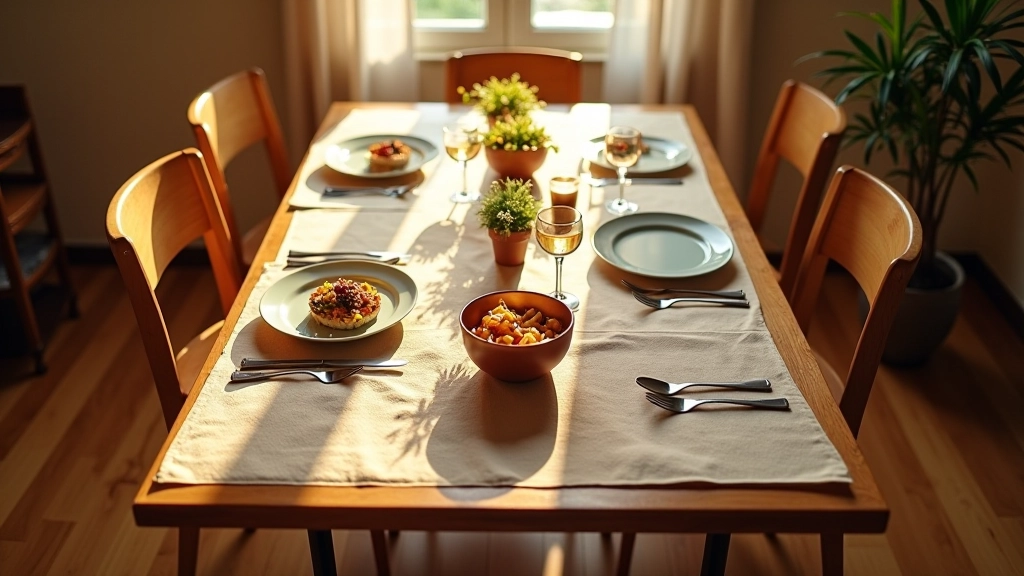 Table de repas belge typique avec assiettes et verres, aucun téléphone visible, ambiance accueillante et naturelle