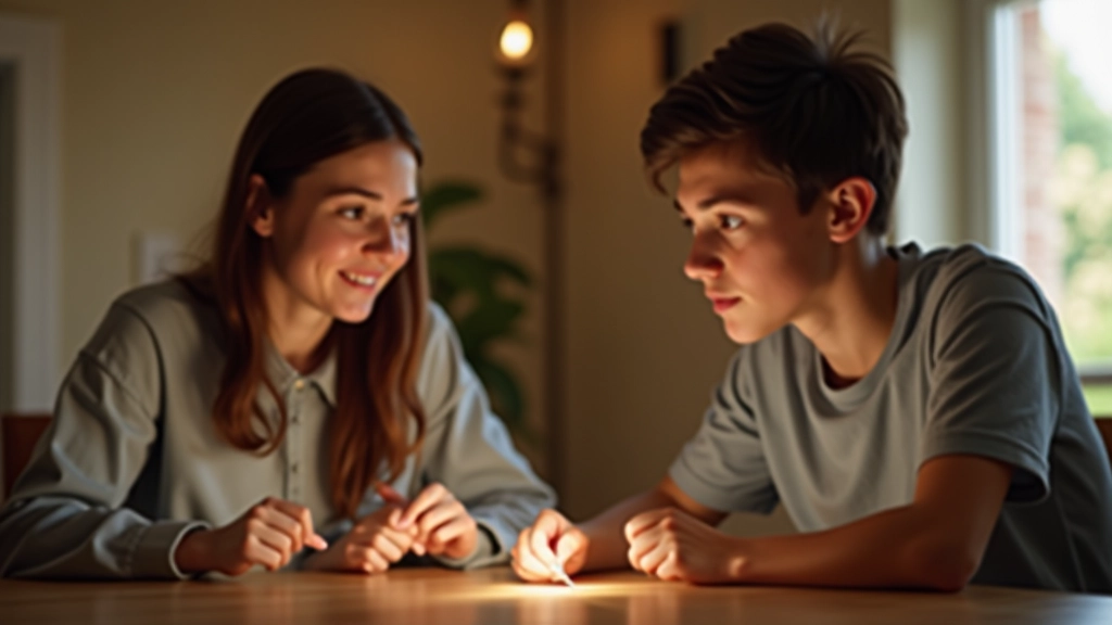 Parent et enfant en conversation à table, moment de connexion authentique sans écrans
