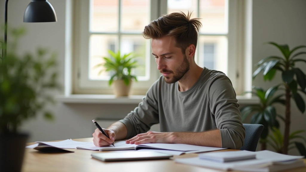 Personne en train de noter les heures d'écran dans un carnet, environnement calme avec lumière naturelle