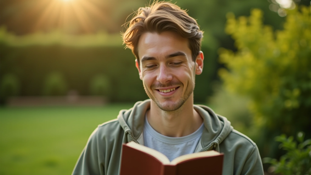 Personne lisant un livre dans un jardin paisible, lumière naturelle, expression concentrée