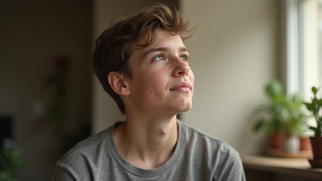 Jeune personne regardant vers le haut avec soulagement, sans téléphone en main, moment de détente authentique