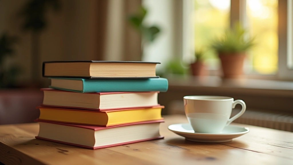 Pile de livres colorés sur une table en bois avec une tasse de café, lumière douce