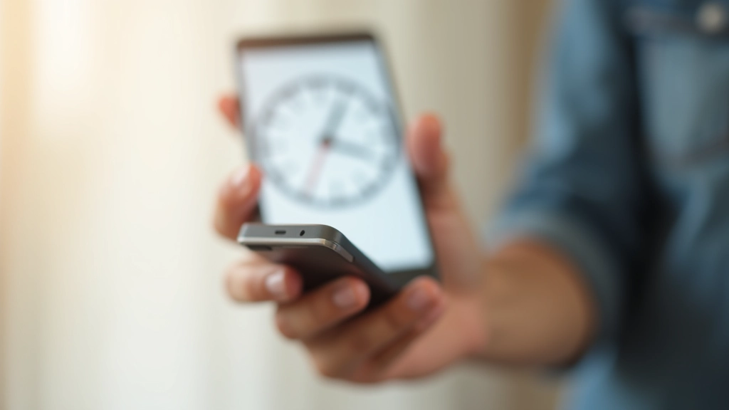 Personne tenant un téléphone avec un cadran d'horloge superposé, représentant le temps écran