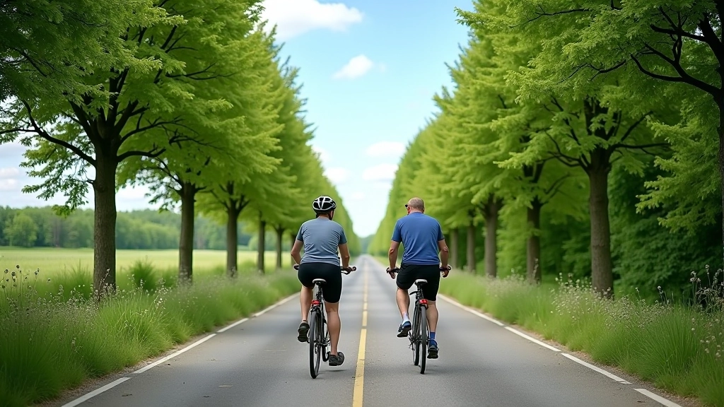 Deux vélos sur une route rurale vide, arbres de chaque côté, ciel bleu, perspective profonde