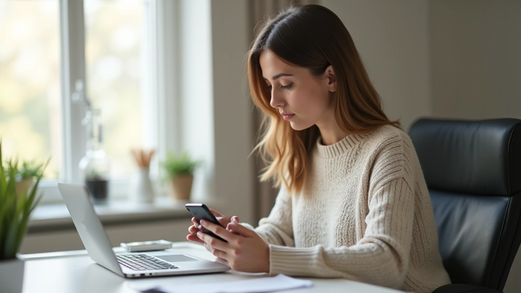Femme assise à son bureau avec son téléphone posé de côté, se relaxant sans regarder l'écran