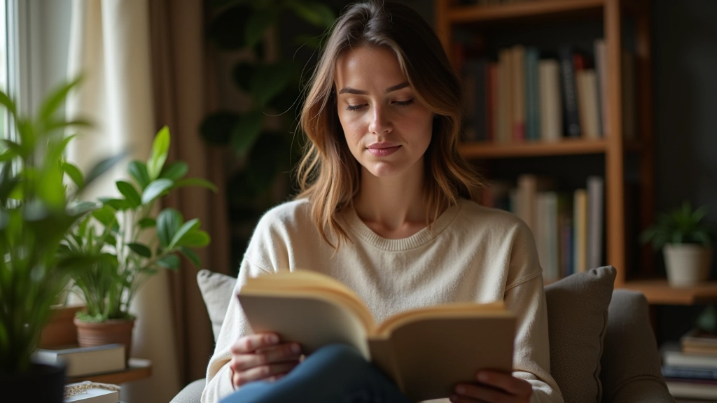 Personne relaxée dans un environnement sans écran, entourée de livres et de nature, représentant la détox numérique